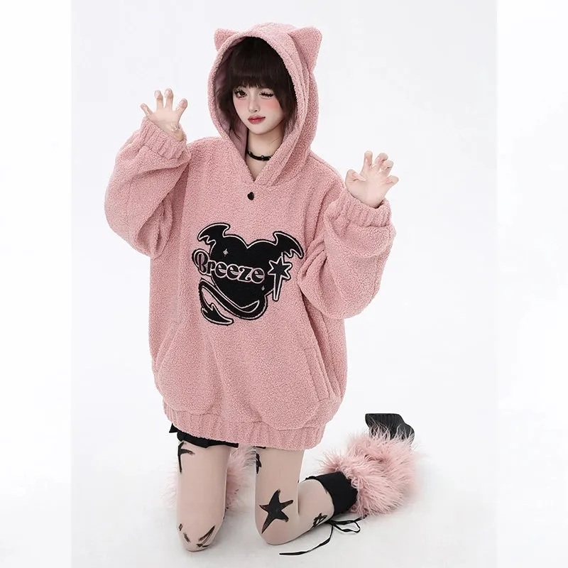 Sweet Soft Girl Style Pink Heart Embroidered Hooded Sweatshirt